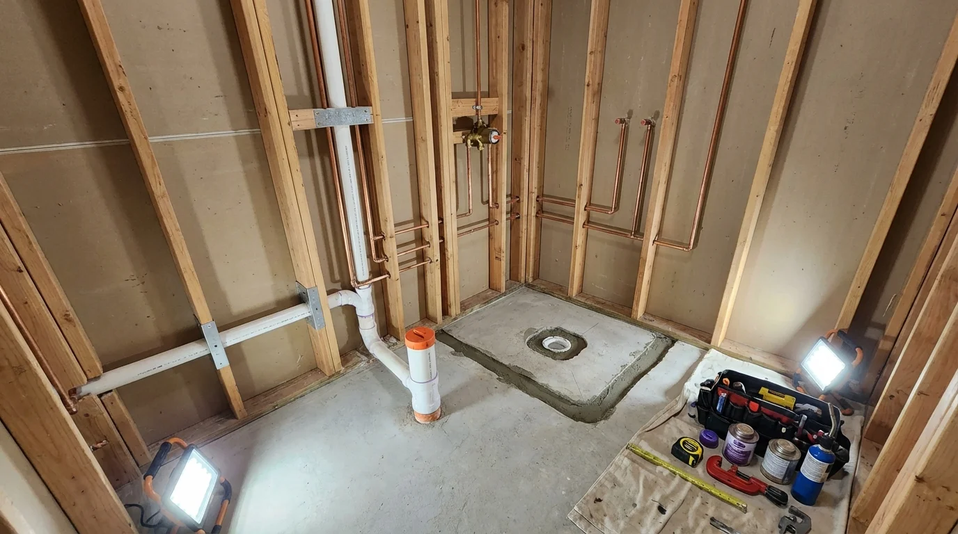 Bathroom rough-in plumbing during remodel by Johns Plumbing LLC in Lincolnwood