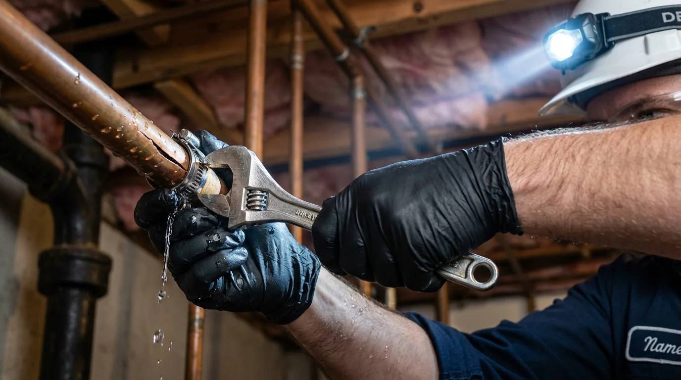 Emergency pipe clamp repair being performed by a Johns Plumbing LLC plumber in Lincolnwood