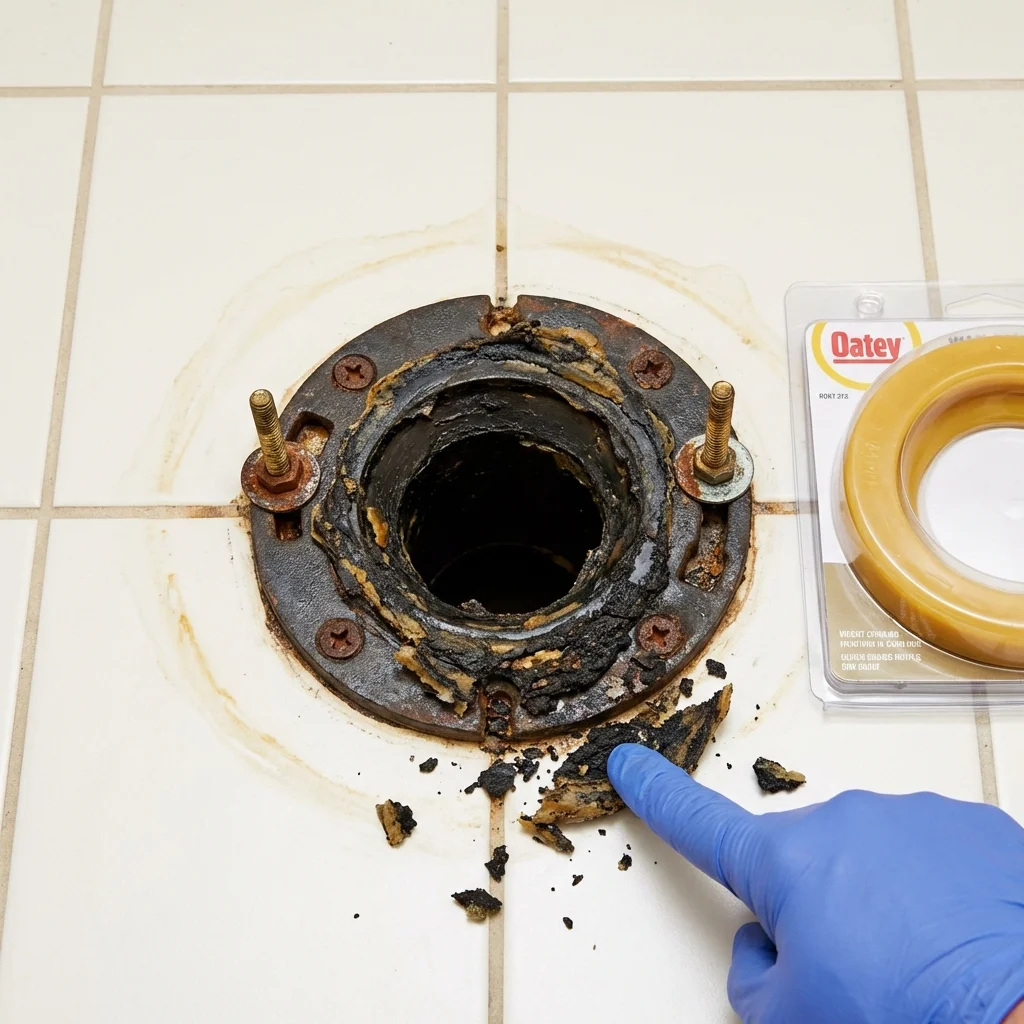 Failed wax ring showing water seepage at the base of a toilet in a Lincolnwood, IL home