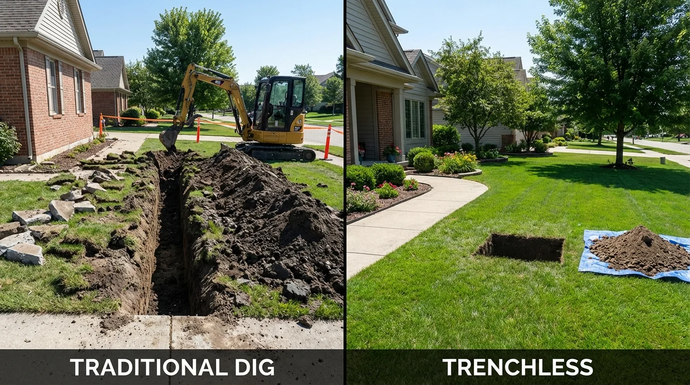 Trenchless sewer repair with minimal yard damage versus traditional excavation in Lincolnwood, IL