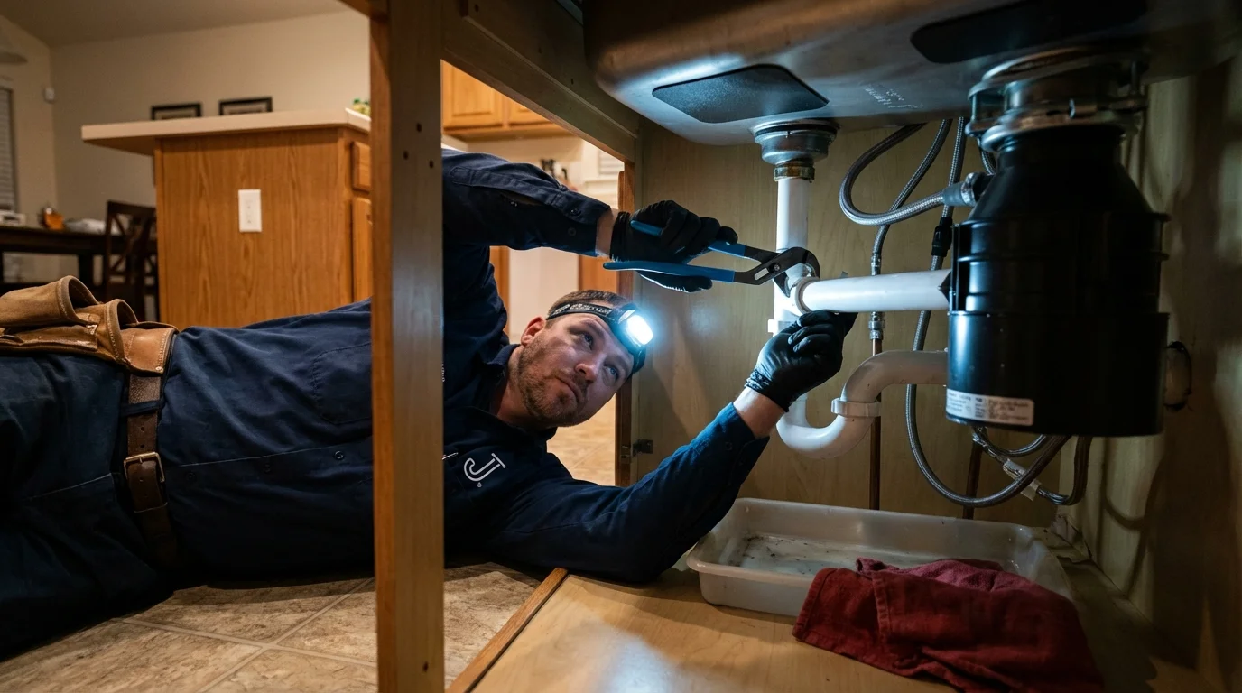 P-trap and supply line connections under a kitchen sink showing a common leak point in Lincolnwood, IL